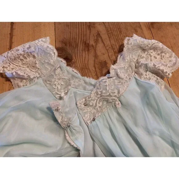 Vtg 60s Alice Maloof Women L Open Front Bed Jacket Flowy Blue Sheer Lacy Pegnoir - Picture 5 of 8